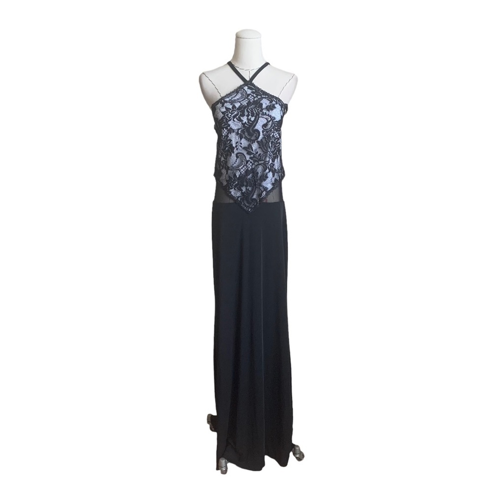 Vintage 90s Y2k Tadashi Black Lace Halter Bodycon Mesh Gown Dress sz 14 Large